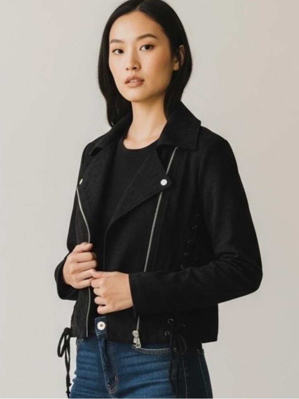 Olivaceous Black Moto-Style Jacket with Silver Hardware